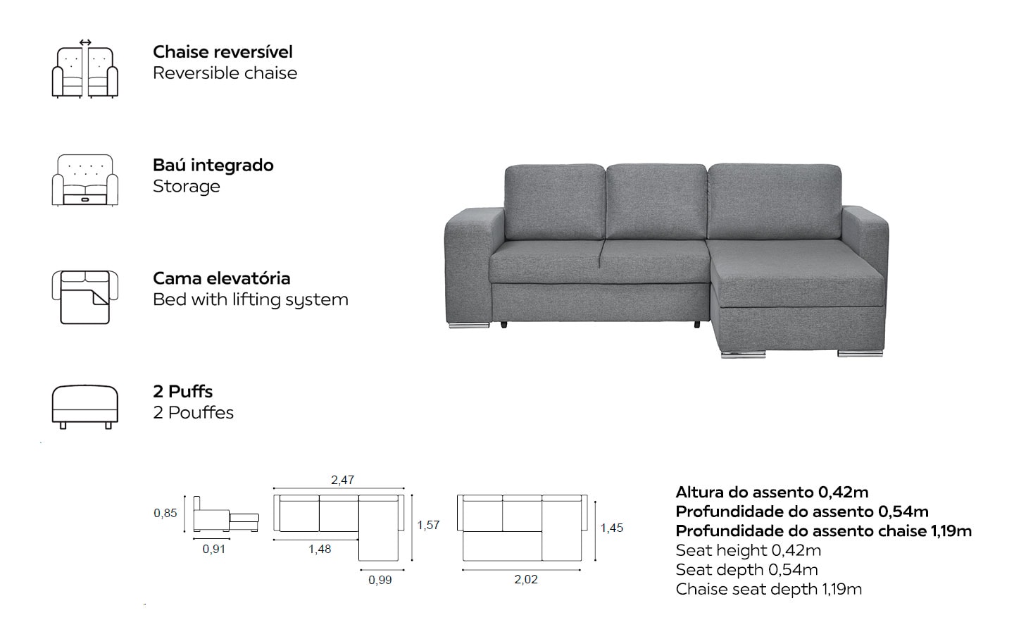 Sofa Chaise com Cama Calvin