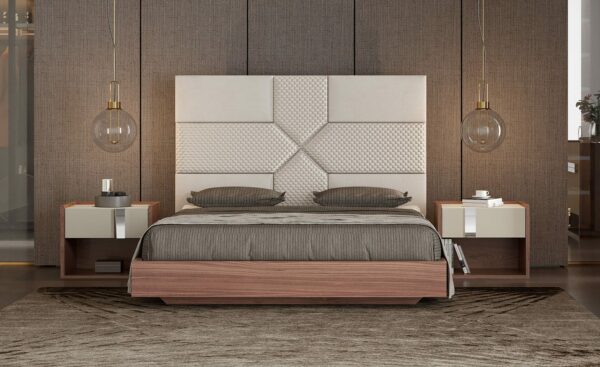 Imagem da Cama de Casal Rebecca em MDF com acabamento em nogueira ou lacado, com cabeceira estofada em tecido aveludado | Moveistore