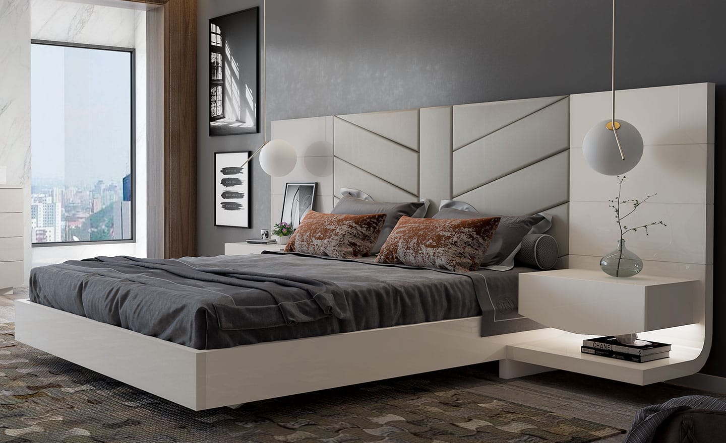 Quarto de Casal Antony - Moveistore - Com cama com cabeceira estofada, mesas de cabeceira, cómoda e espelho