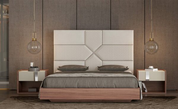 Quarto de Casal Rebecca - Conjunto de Quarto para Casal Moderno em MDF com Frentes Lacadas e Puxadores em Espelho, com cama de casal, mesas de cabeceira, cómoda e moldura | Moveistore