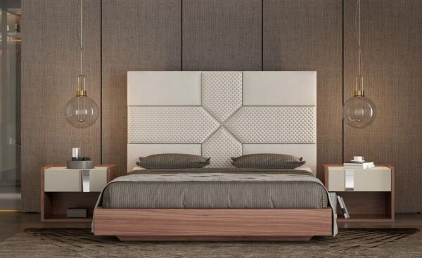 Quarto de Casal Rebecca - Conjunto de Quarto para Casal Moderno em MDF com Frentes Lacadas e Puxadores em Espelho, com cama de casal, mesas de cabeceira, cómoda e moldura | Moveistore