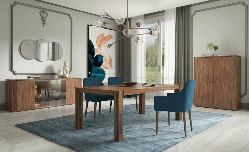 Imagem de Sala de Jantar Nogueira Juliet moderna e elegante com aparador e moldura
