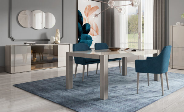 Sala de Jantar Moderna Lacada Juliet Moveistore Imagem de Conjunto de sala de jantar elegante Lacada Juliet com mesa, aparador e moldura Moveistore