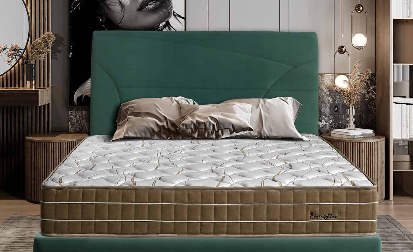 Imagem da Cabeceira Marbella da Moveistore, com design moderno e elegante, disponível em várias cores e tamanhos, com opções de estofo aveludado ou tecido.