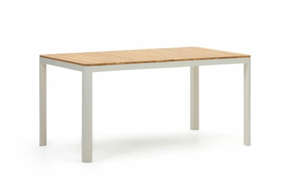 Mesa de Exterior Bona Branco 160x90, mesa de jardim branca em alumínio com tampo de madeira maciça de teca