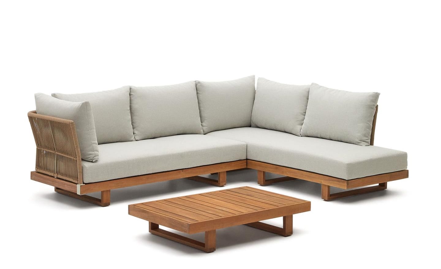 Conjunto de Exterior Raco, sofá de canto de 5 lugares, almofadas removíveis, mesa com acabamento de corda trançada à mão, resistente aos raios UV, para uso em ambientes internos e externos cobertos.