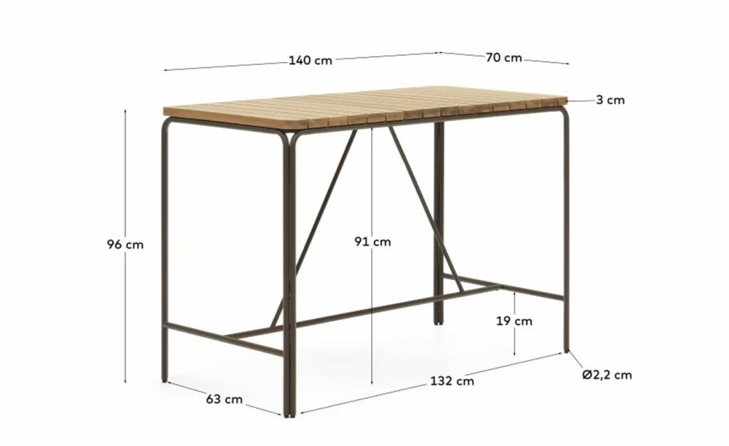 Mesa Alta de Exterior Retangular Salguer em madeira maciça de acácia e aço galvanizado, elegante e versátil para uso externo.