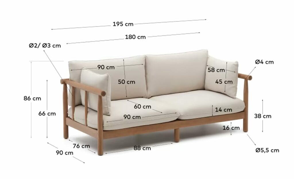 Sofá de 2 Lugares de Exterior Sacova, madeira maciça de eucalipto, almofadas arredondadas e capa removível, perfeito para ambientes interiores e exteriores cobertos.