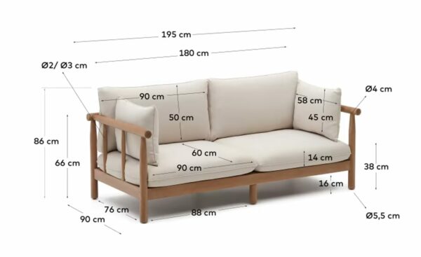 Sofá de 2 Lugares de Exterior Sacova, madeira maciça de eucalipto, almofadas arredondadas e capa removível, perfeito para ambientes interiores e exteriores cobertos.