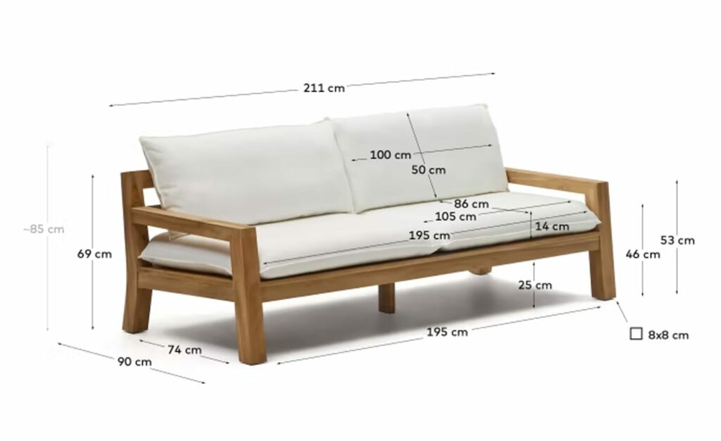Sofá de 3 Lugares de Exterior Forcanera, madeira maciça de teca, almofada incluída, ideal para ambientes cobertos
