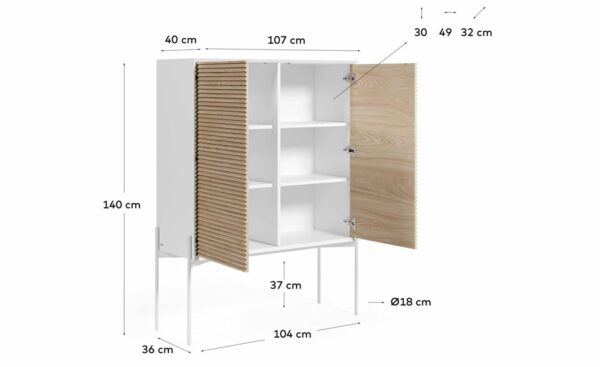 Aparador Alto Marielle, portas em freixo de 12mm, pés metálicos pintados a branco, sistema push to open, gaveta com calhas ocultas de fecho suave, design elegante e funcional.