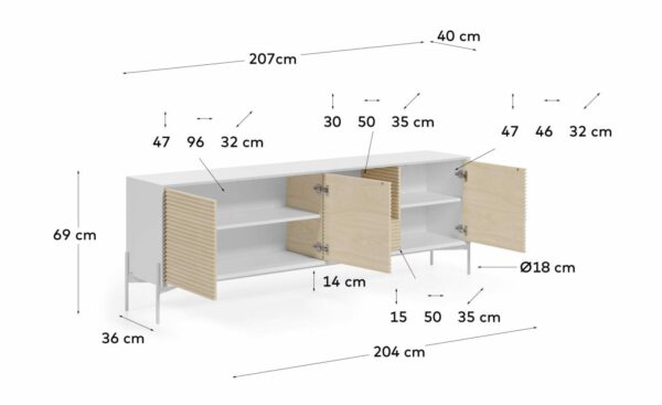 Aparador Marielle, portas em freixo de 12mm, pés metálicos pintados a branco, sistema push to open, gaveta com calhas ocultas de fecho suave, design elegante e funcional.