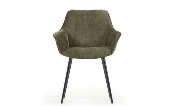 Cadeira Amira Chenille Verde Escuro, estofada em chenille aveludado, pernas de aço com proteções, design moderno e elegante.