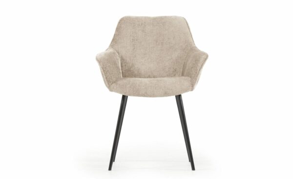 Cadeira Amira Chenille Bege, estofada em chenille aveludado, pernas de aço com proteções, design moderno e elegante.