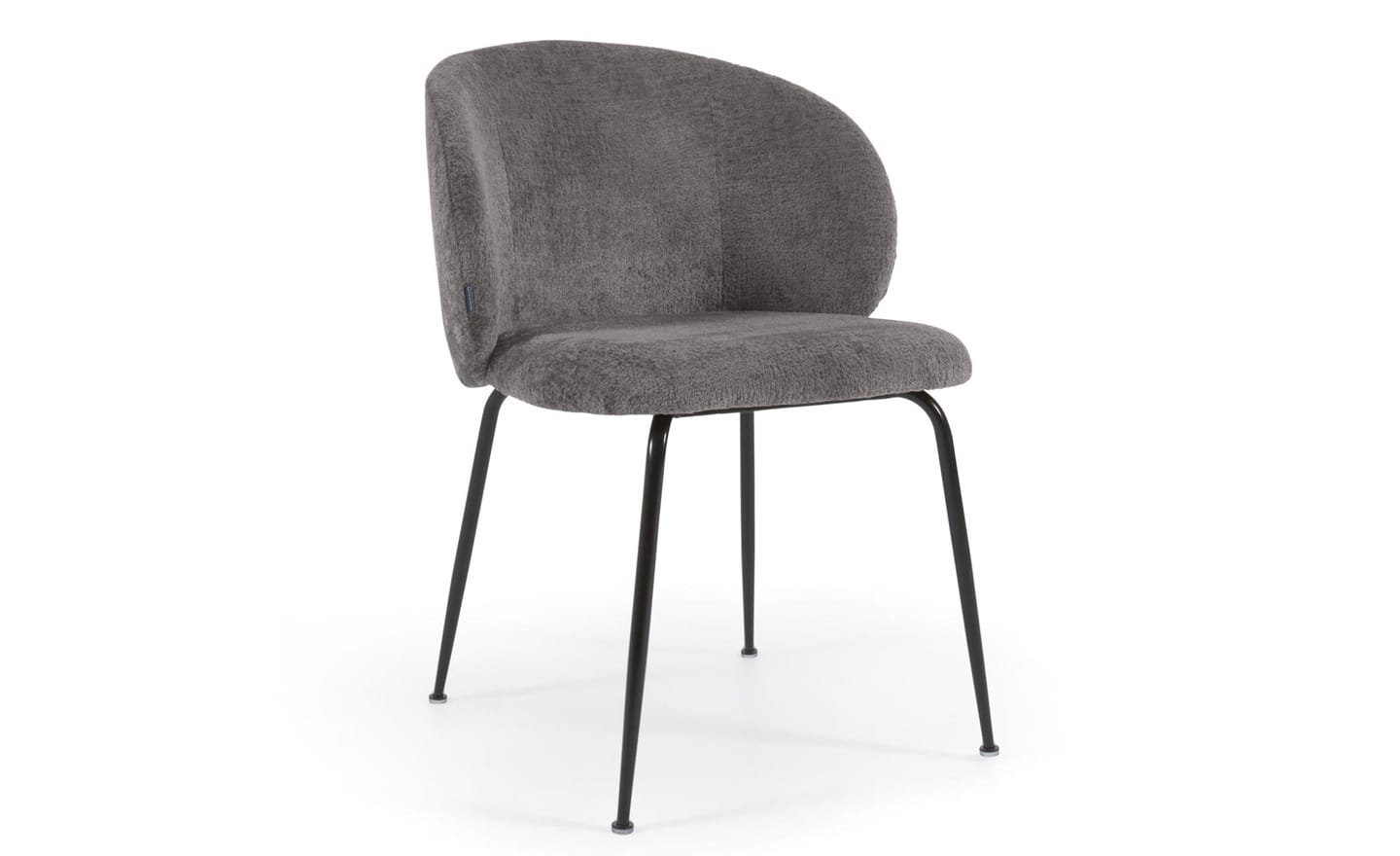 Cadeira Minna Chenille Cinza, estofada em chenille cinza, pernas de aço preto. Design moderno e elegante para espaços de refeição.