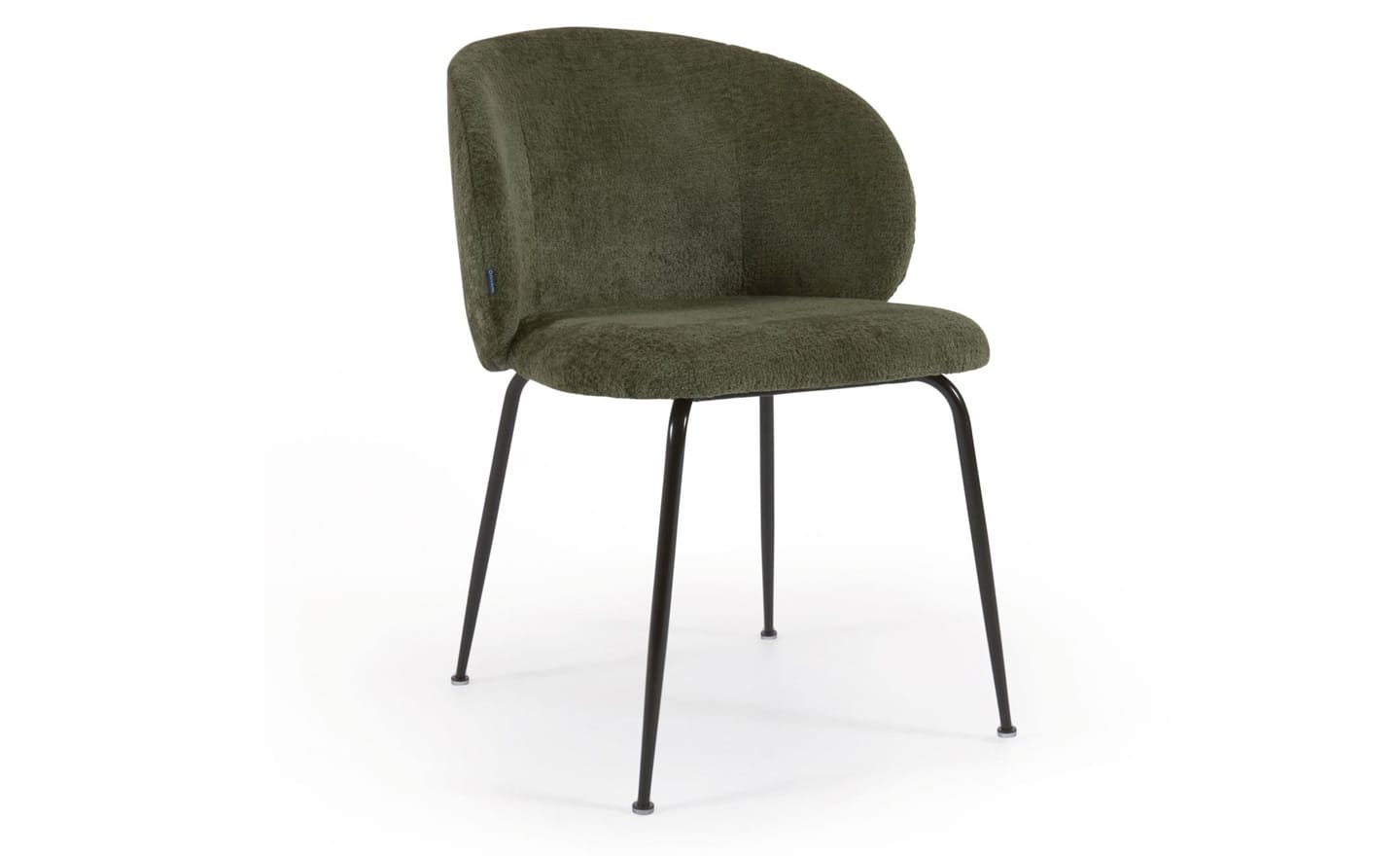 Cadeira Minna Chenille Verde, estofada em chenille verde, pernas de aço preto. Design moderno e elegante para espaços de refeição.
