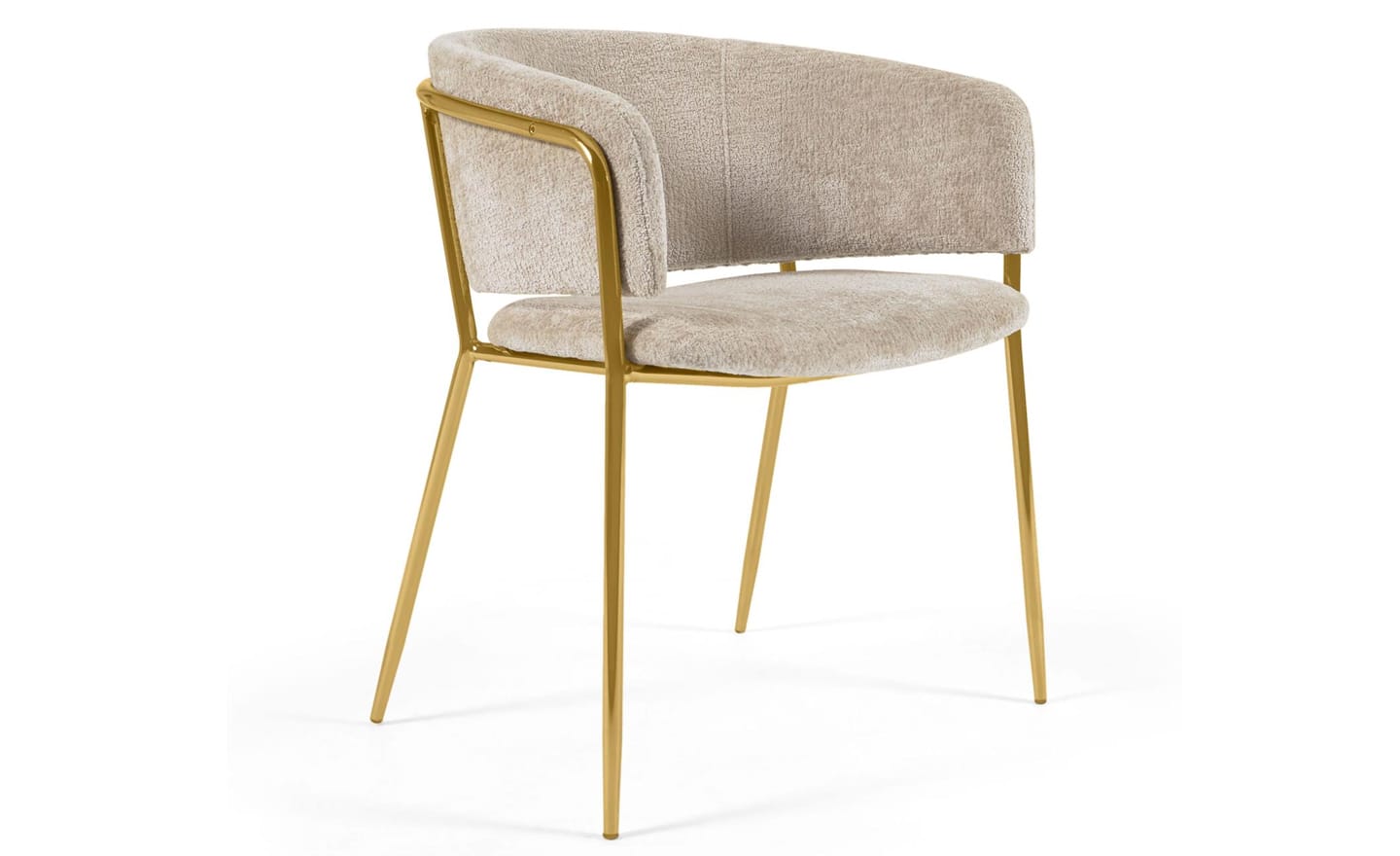 Cadeira Runnie Chenille Bege, estofada em chenille de pelo bege, pernas de metal dourado. Design excepcional de luxo e conforto.