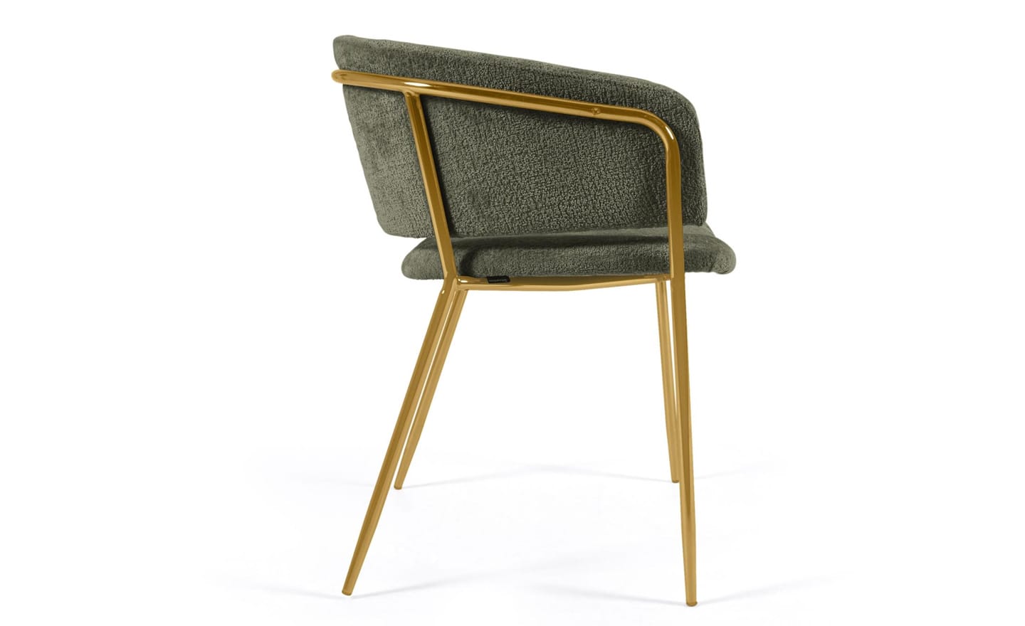 Cadeira Runnie Chenille Verde, estofada em chenille de pelo verde, pernas de metal dourado. Design excepcional de luxo e conforto.