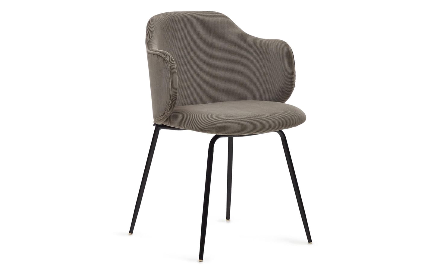 Cadeira Yunia Bombazine Cinza, apoio de braços, pernas em metal preto, cadeira confortável para refeições, tecido antimanchas.