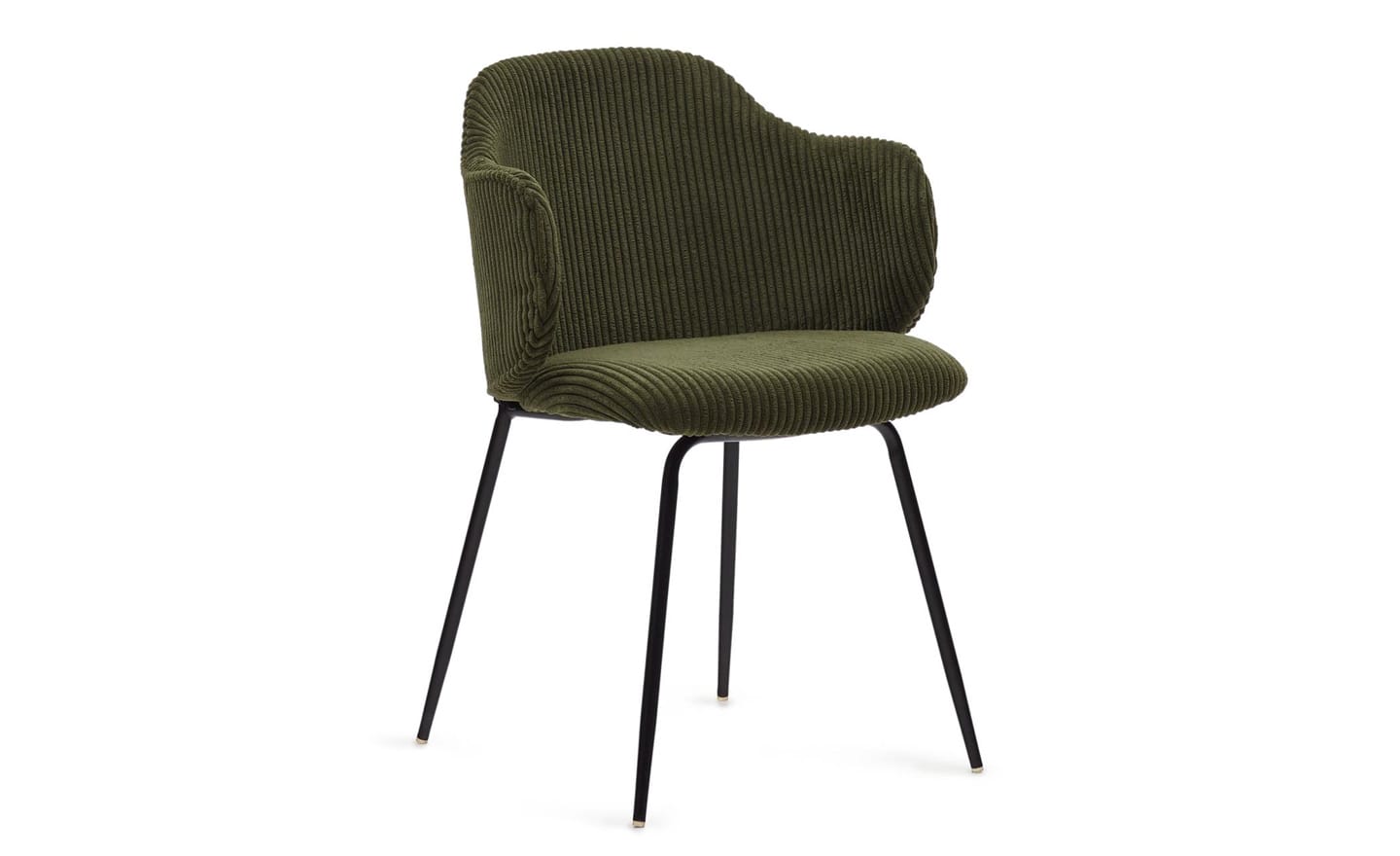 Cadeira Yunia Bombazine Verde, apoio de braços, pernas em metal preto, cadeira confortável para refeições.