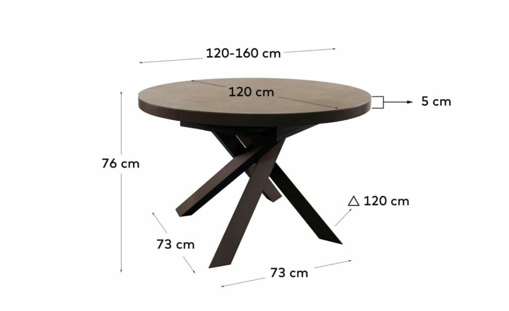 Mesa Redonda Extensível Vashti Castanho com tampo porcelânico castanho e pernas de aço mate. Mecanismo de extensão borboleta para mais espaço.