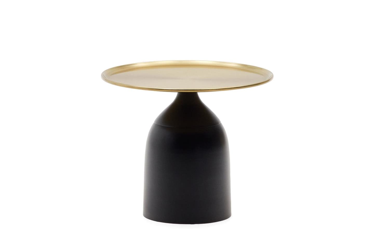 Mesa de Apoio Liuva, metal dourado e preto, design escultural geométrico, tendência contemporânea em mobiliário, proteções de feltro para o chão.