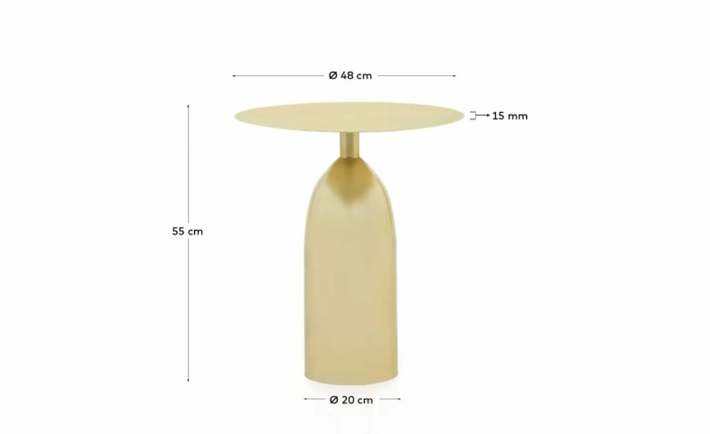 Mesa de Apoio Matilda, metal com acabamento dourado escovado, design escultural geométrico, estilo e elegância para a decoração, proteções de feltro para o chão.