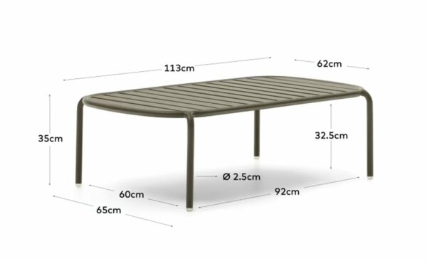 Mesa de Centro de Exterior Joncols Verde, peça fabricada em alumínio com acabamento tubular e curvado. Resistente à oxidação, à corrosão e aos raios UV. Material leve e 100% apto para uso exterior.