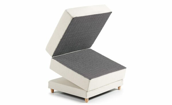 Puff Cama Kos Cinza Claro, sofá e cama conversível, estofado em tecido antimanchas, bolsos em pele sintética.