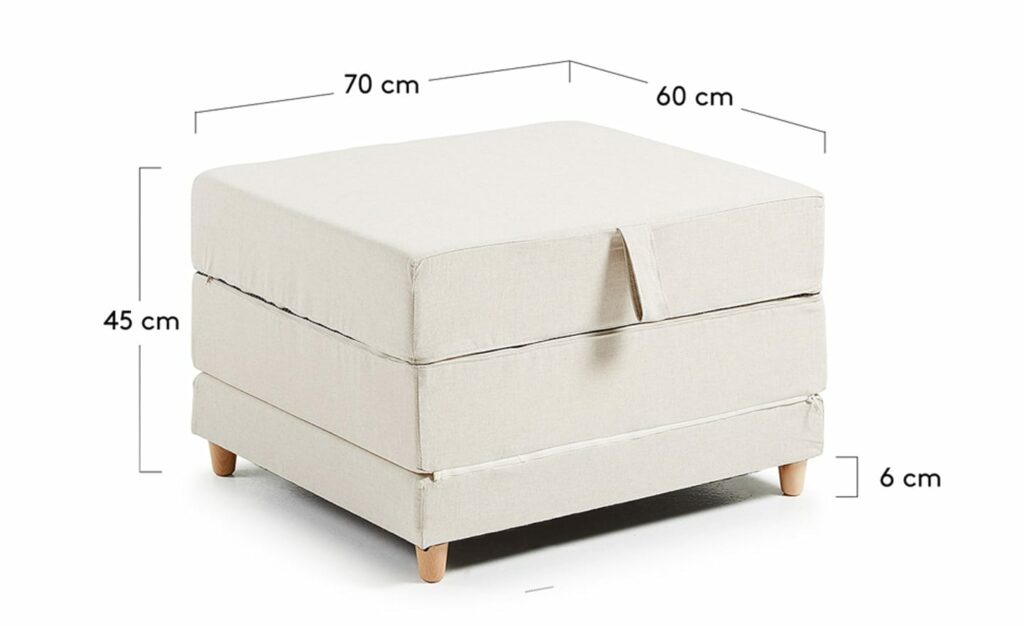 Puff Cama Kos Cinza Claro, sofá e cama conversível, estofado em tecido antimanchas, bolsos em pele sintética.