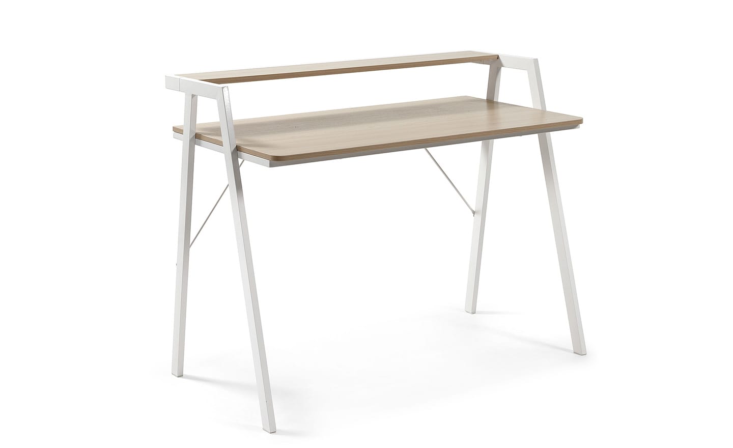 Secretária Aarhus 115cm, mesa de escritório com tampo de efeito de madeira e estrutura de aço branca, 110x60cm.