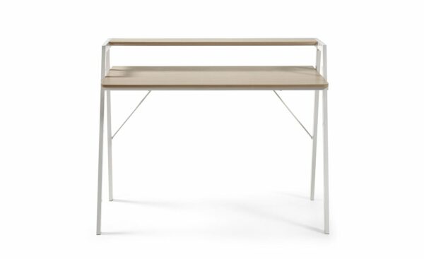 Secretária Aarhus 115cm, mesa de escritório com tampo de efeito de madeira e estrutura de aço branca, 110x60cm.