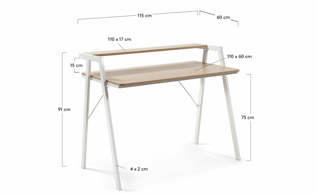 Secretária Aarhus 115cm, mesa de escritório com tampo de efeito de madeira e estrutura de aço branca, 110x60cm.