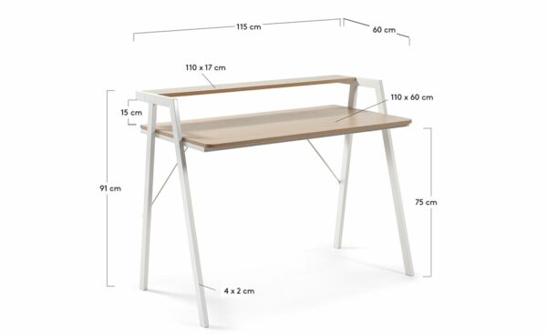Secretária Aarhus 115cm, mesa de escritório com tampo de efeito de madeira e estrutura de aço branca, 110x60cm.