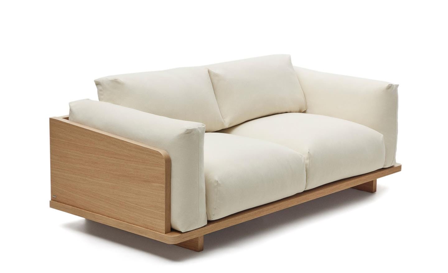 Sofá de 3 Lugares Oaq, estrutura em carvalho com tecido de algodão bege, ideal para sala de estar.