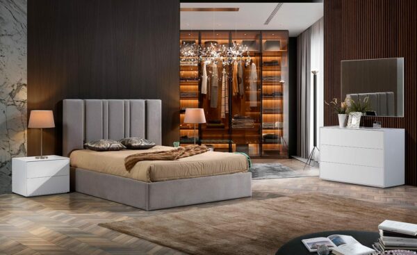 Quarto de Casal Steel 1 - Conjunto de Quarto Moderno e Elegante em MDF com Cama Estofada e Pormenores em Espelho