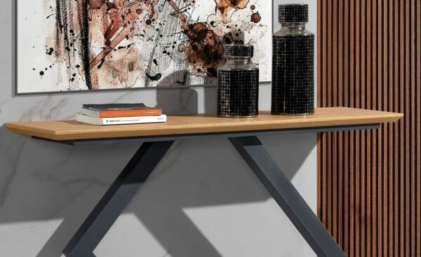 Consola Sunny - Consola moderna com base em metal com tampo em madeira - Hall de Entrada Moderno - Moveistore