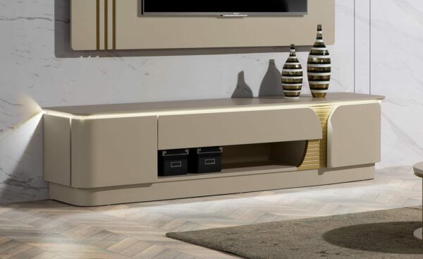 Móvel de TV Elitis em MDF com iluminação LED, detalhes lacados a dourado | Moveistore