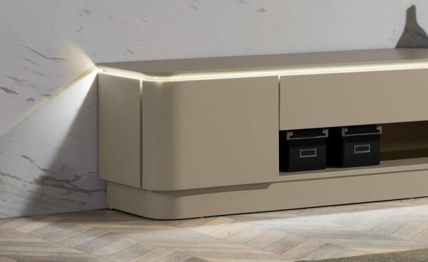 Móvel de TV Elitis em MDF com iluminação LED, detalhes lacados a dourado | Moveistore