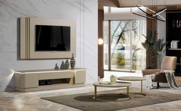 Móvel de TV Elitis em MDF com iluminação LED, detalhes lacados a dourado | Moveistore