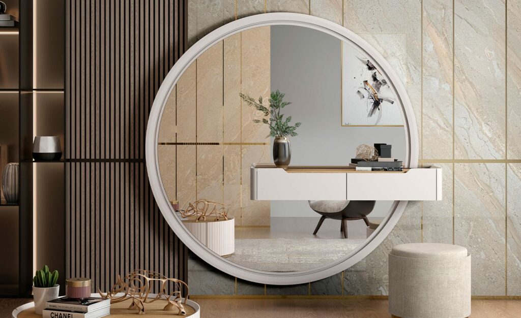 Consola com Espelho Redondo Filadelfia | Aparadores Móveis Hall de Entrada Modernos | Moveistore