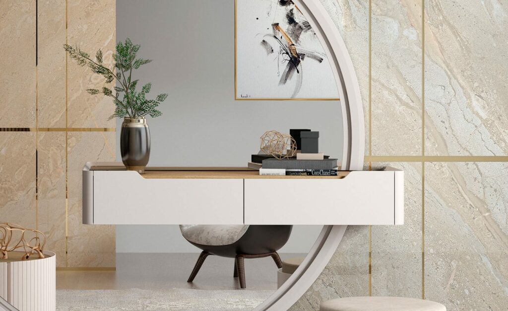 Consola com Espelho Redondo Filadelfia | Aparadores Móveis Hall de Entrada Modernos | Moveistore