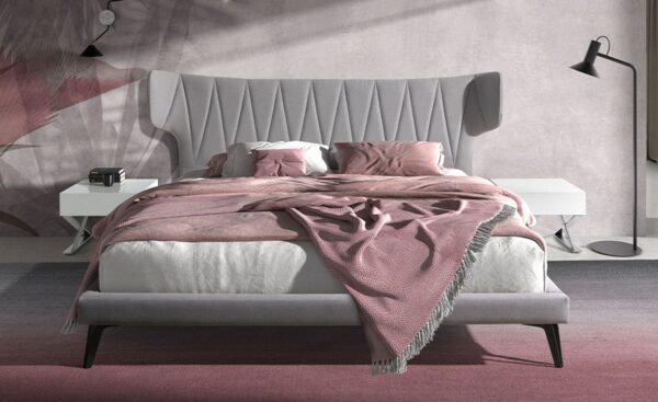 Cama de casal moderna Edson 180x200cm com cabeceira e estrutura em tecido cinza claro | Moveistore