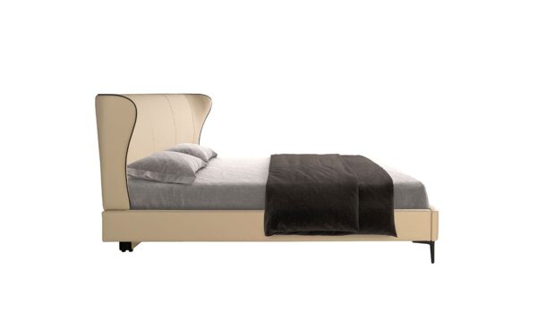 Cama de casal estofada moderna Moore 180x200cm com cabeceira e estrutura em pele sintética creme | Moveistore