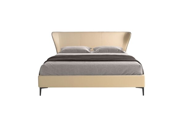 Cama de casal estofada moderna Moore 180x200cm com cabeceira e estrutura em pele sintética creme | Moveistore