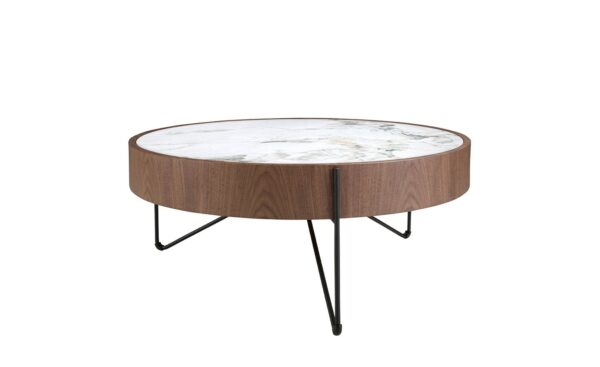 Mesa de centro redonda Bol 2138 com tampo em mármore porcelânico e estrutura em madeira de nogueira | Moveistore