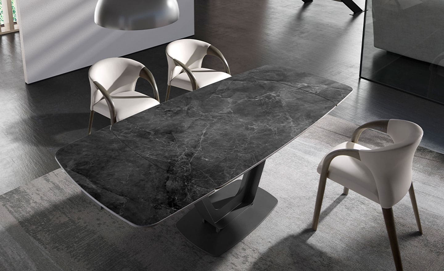 Mesa de jantar oval extensível 1132 com tampo em mármore porcelânico preto e base em aço inoxidável preto | Moveistore