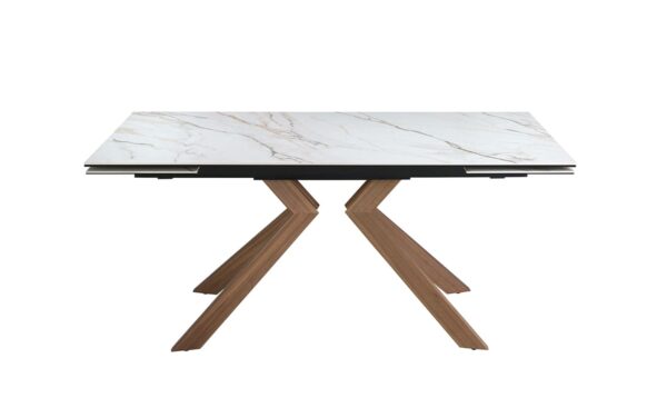Mesa de jantar extensível 1120 com tampo em mármore porcelânico branco e pernas em aço inoxidável com efeito madeira de nogueira | Moveistore