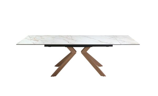 Mesa de jantar extensível 1120 com tampo em mármore porcelânico branco e pernas em aço inoxidável com efeito madeira de nogueira | Moveistore