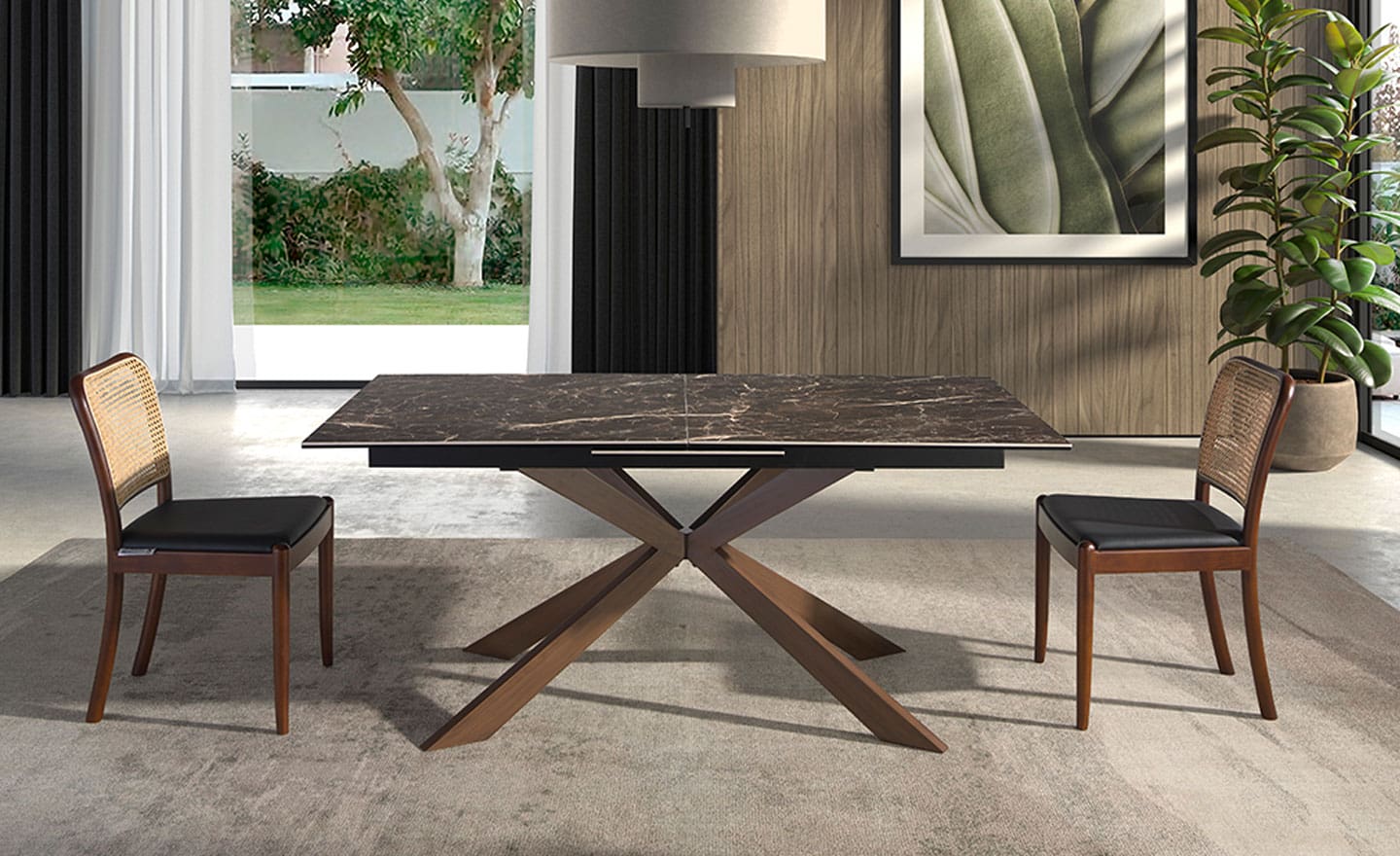 Mesa de jantar extensível 1121 com tampo em mármore porcelânico castanho e pernas em aço inoxidável com efeito madeira de nogueira | Moveistore